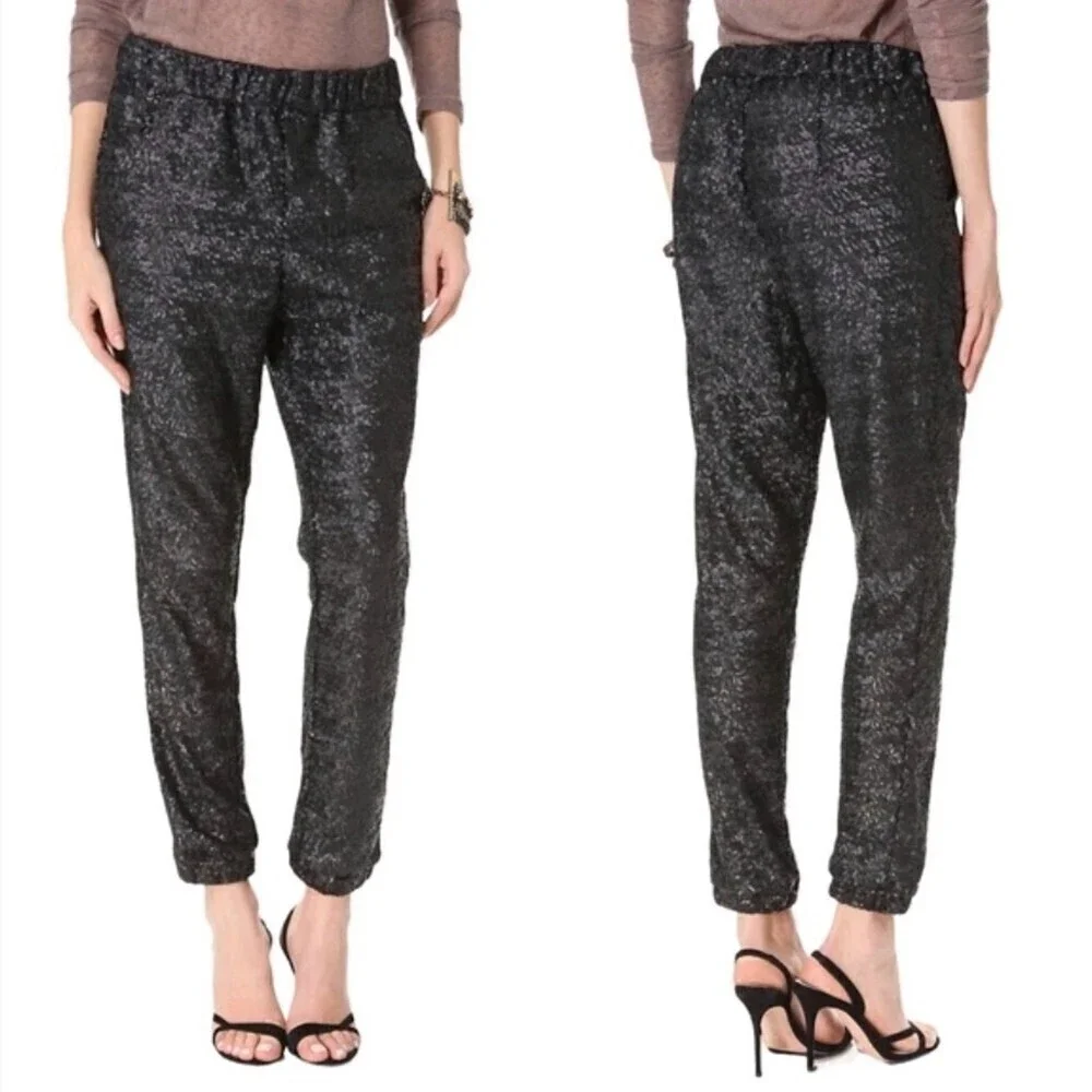 FREE PEOPLE Sequin Party Trouser Ankle Cropped Pull On Pants Black Small y2k